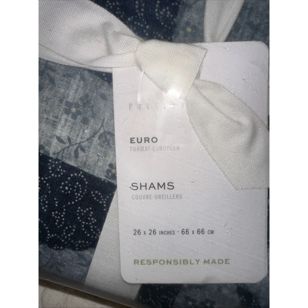 Pottery Barn Harper Blue Floral Quilted Euro Shams Set of 3 Cotton Bedding New